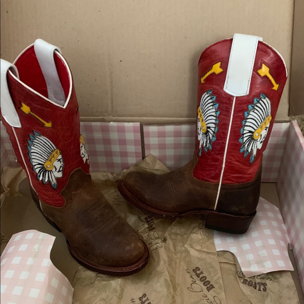 Kids Macie Bean Boots Rodeo Red Tops Indian Inlay